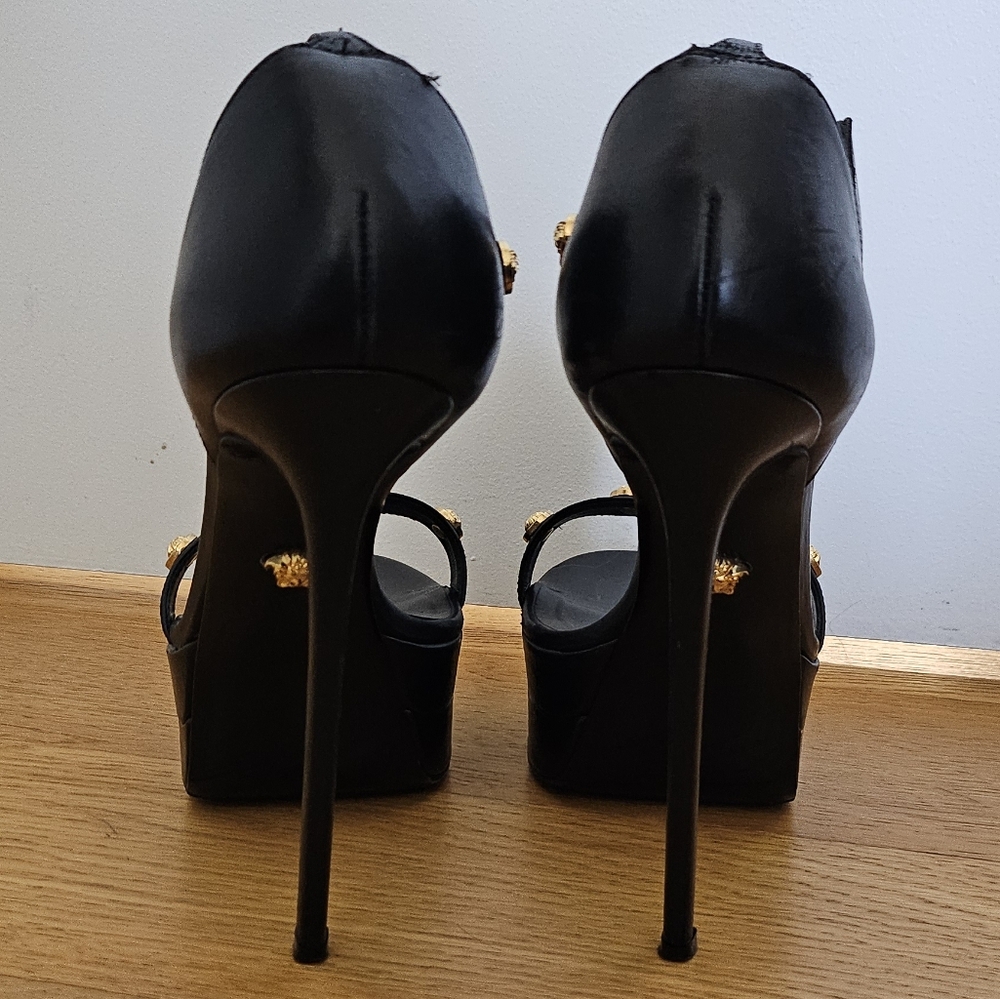 Versace Icon Black Platform Stiletto Ankle Strap Heels Gold Medallion Studs - Picture 11 of 15